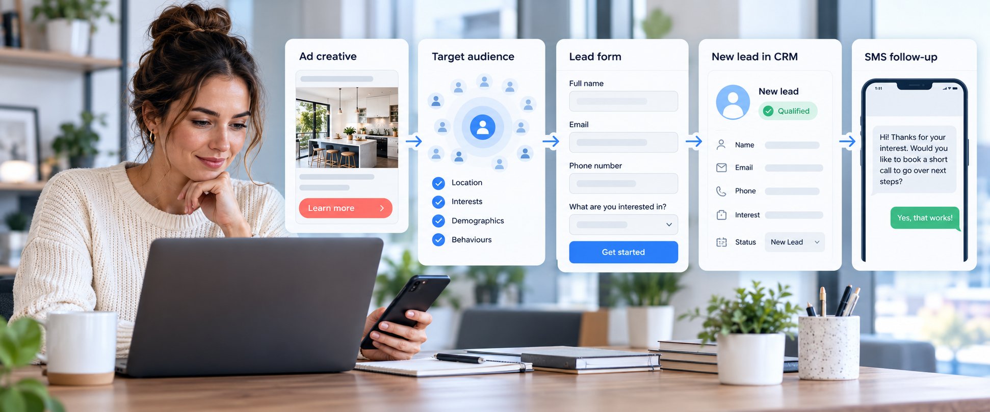 Advertising workflow showing an ad reaching a selected audience and sending a qualified lead into CRM and SMS follow-up