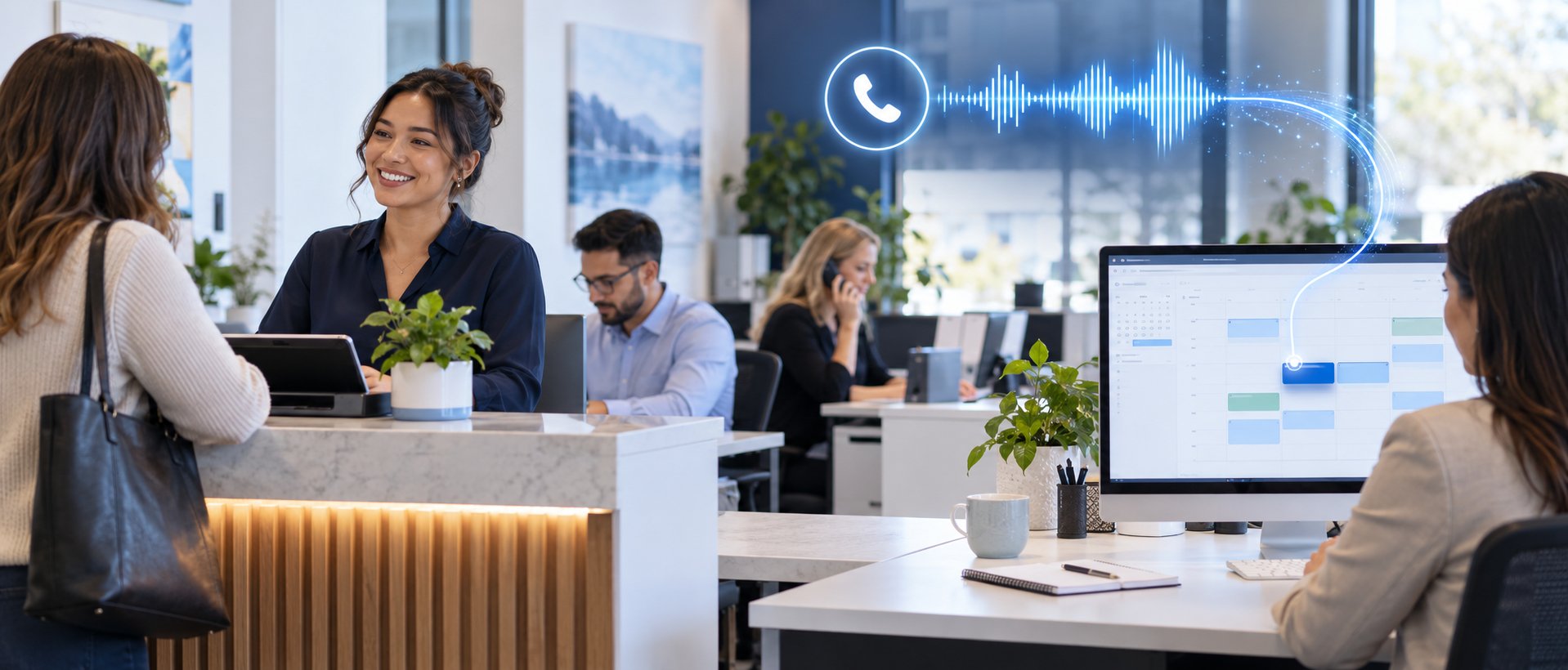 Busy office staff helping customers while an AI call workflow adds an appointment to a CRM calendar